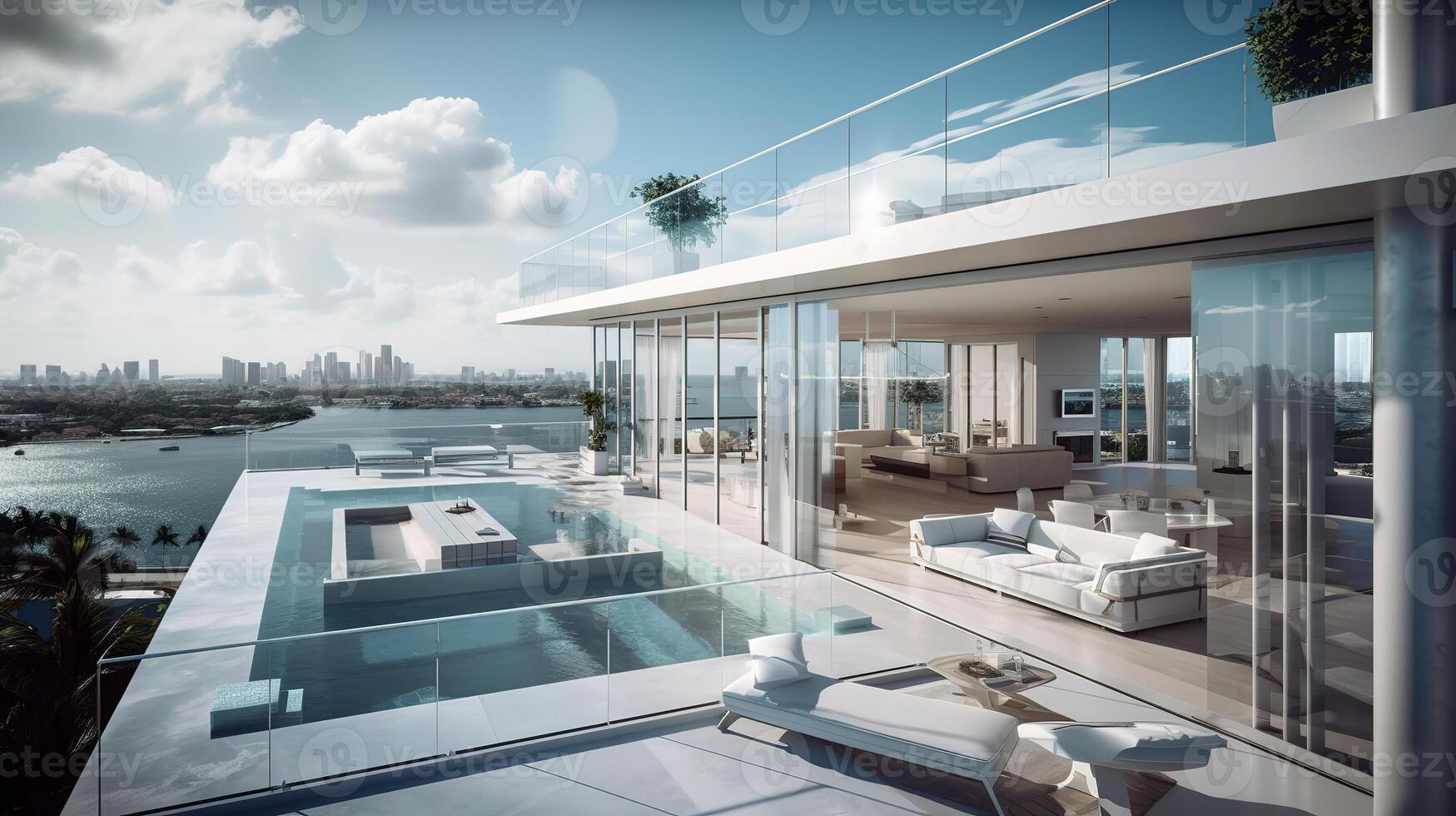 excepcional lujo ático terraza con un nadando piscina con vista a miami generativo ai foto