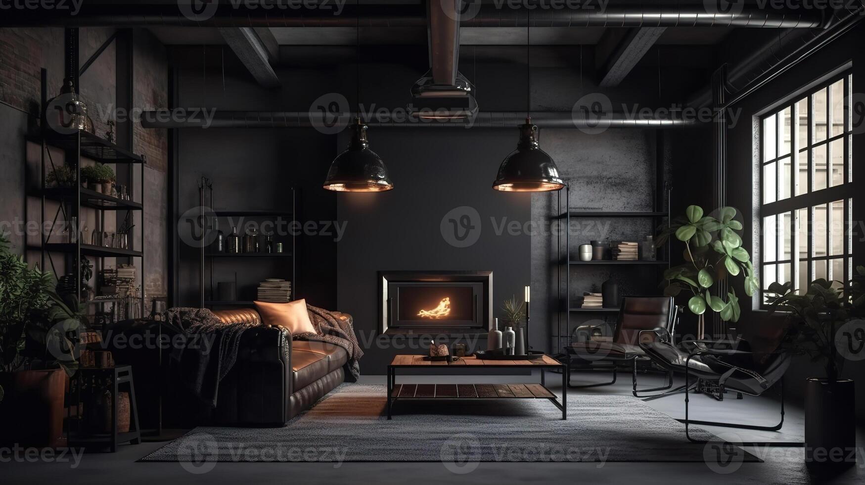 Spacious living room with hanging lights burning fireplaces. photo