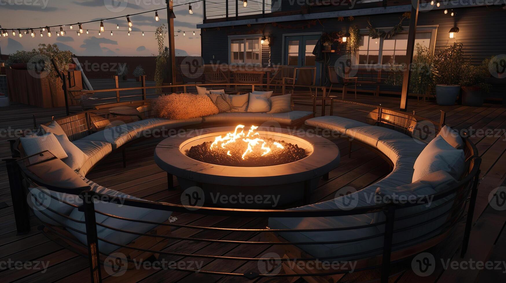 A spacious deck with a close up shot of a fire pit table heater. photo