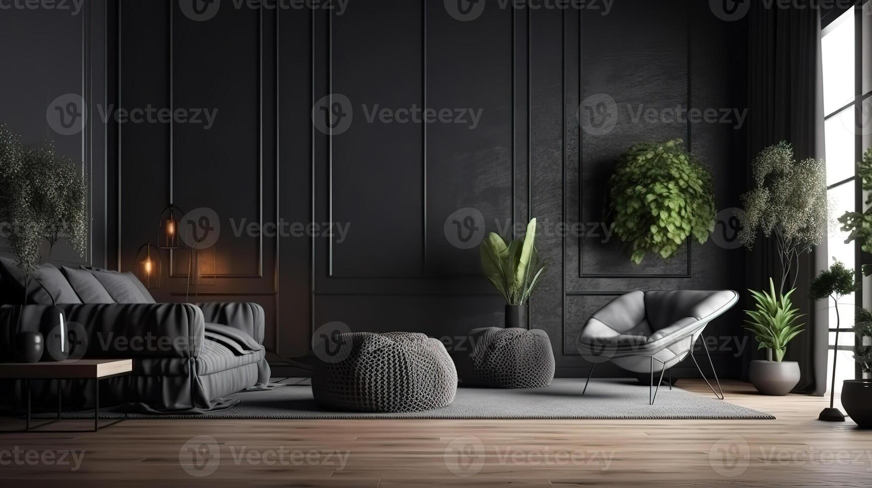 Horizontal canvas on dark grey wall of bedroom with background. photo