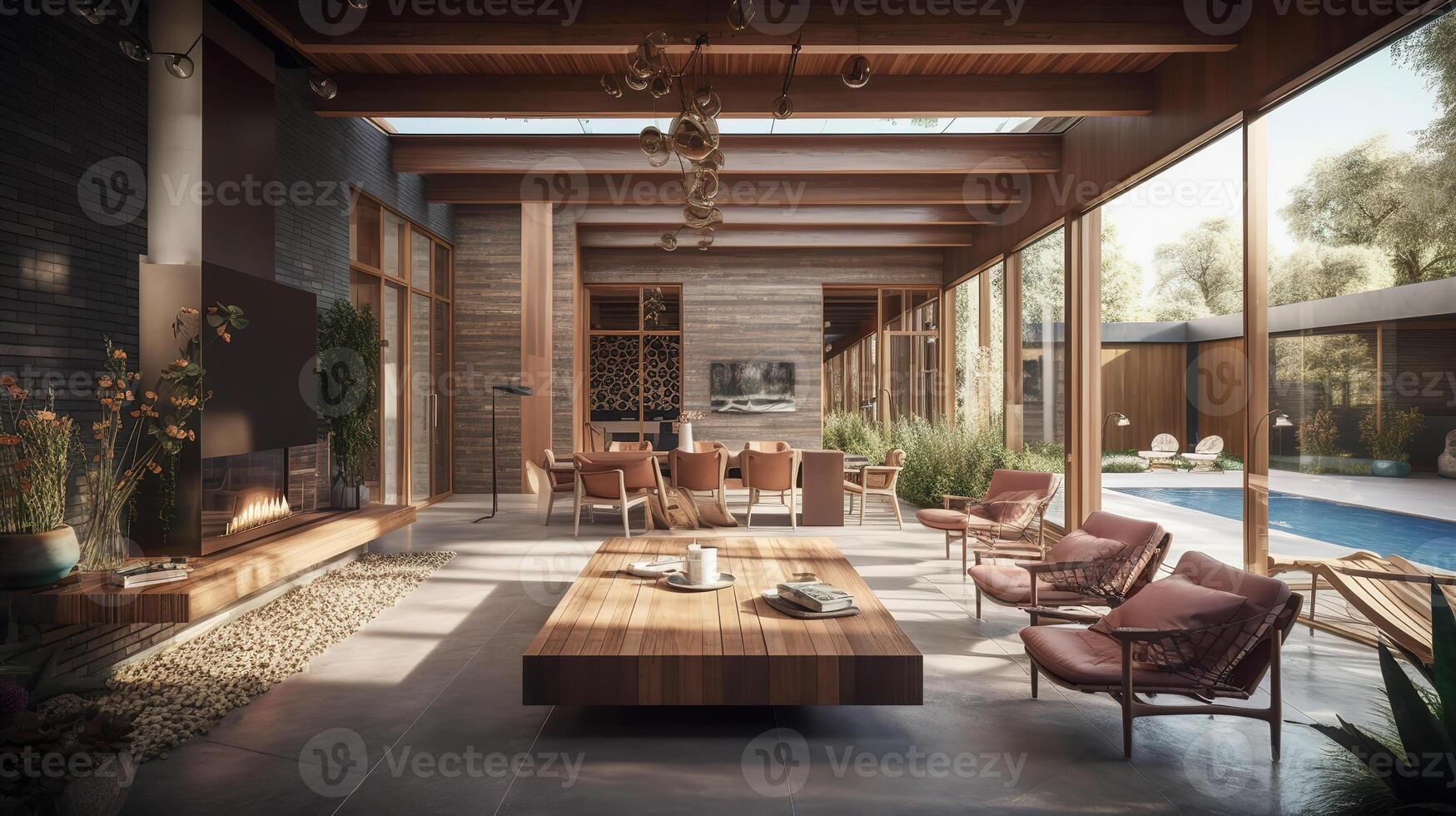 exterior common area with lap pool,fireplace and indoor and outdoor furniture. photo