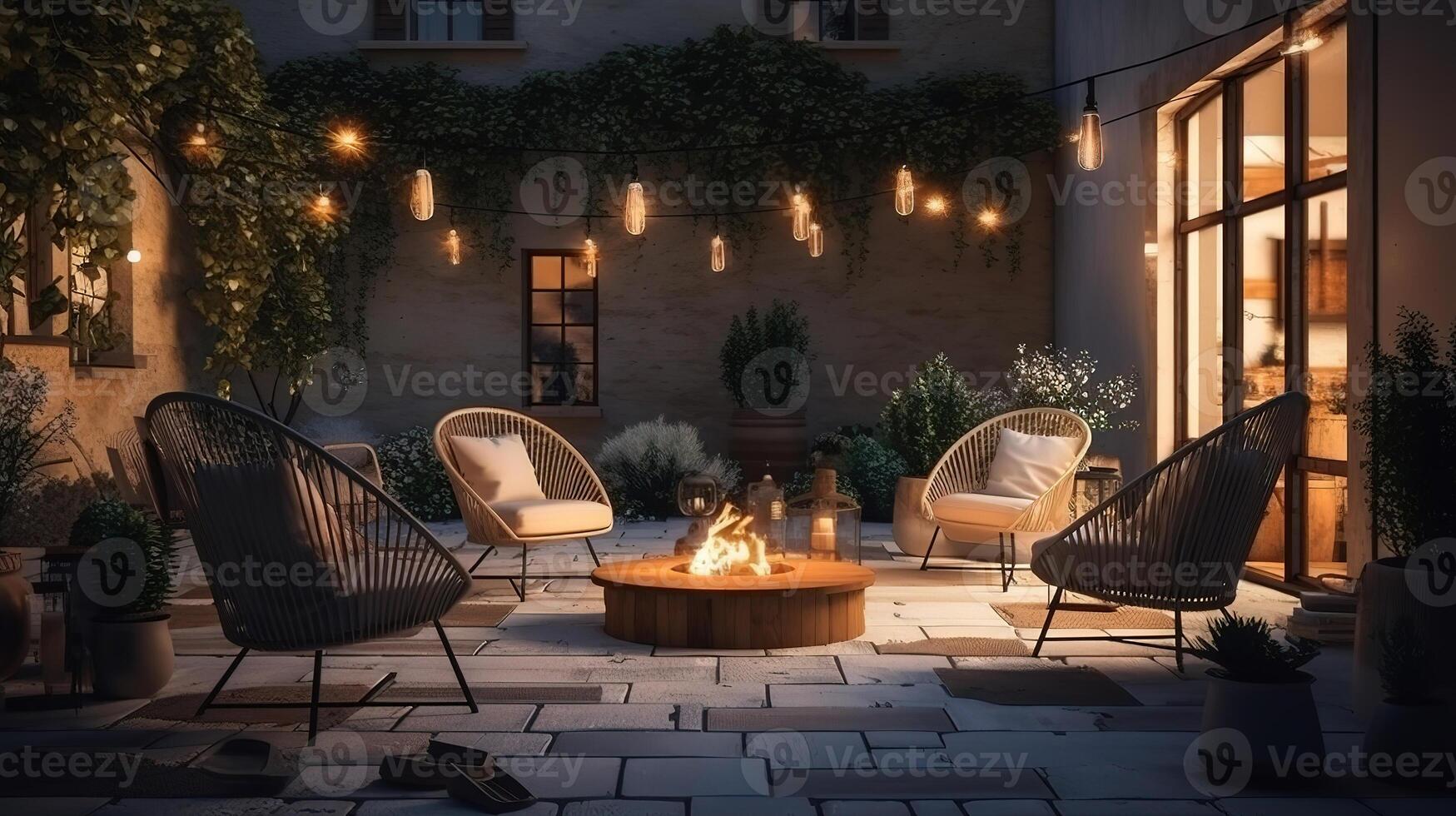 A backyard fire pit in a spacious yard of a large hom. photo