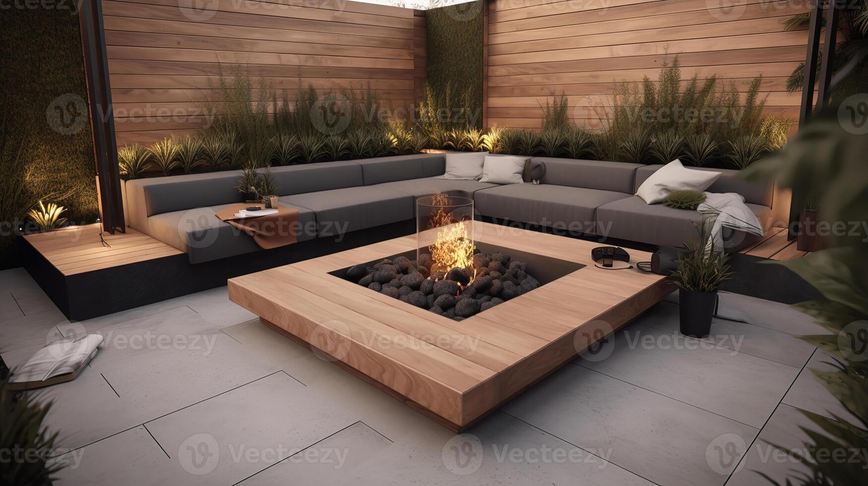 Minimalist outdoor lounge area with a fire pit1. photo