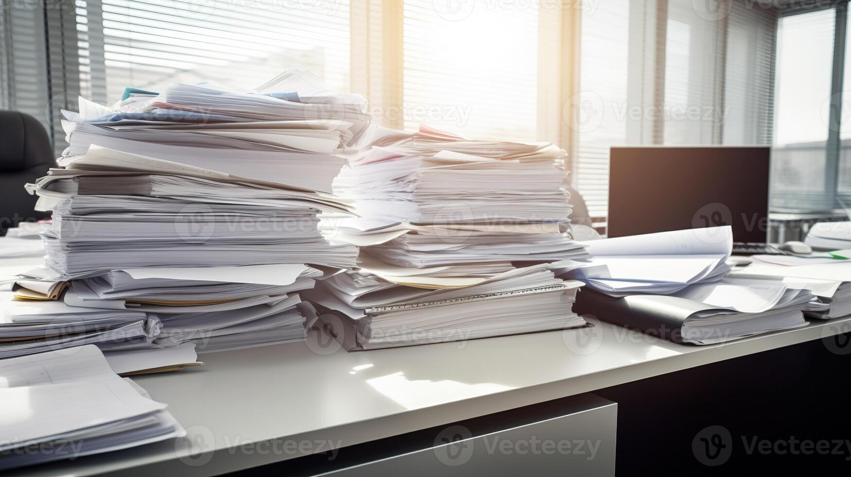 Overwhelmed with Paperwork, Managing a Heavy Workload at the Office. photo