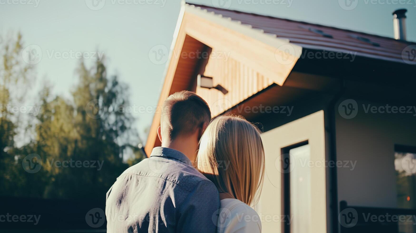 joven familia mirando a su nuevo hogar. generativo ai foto