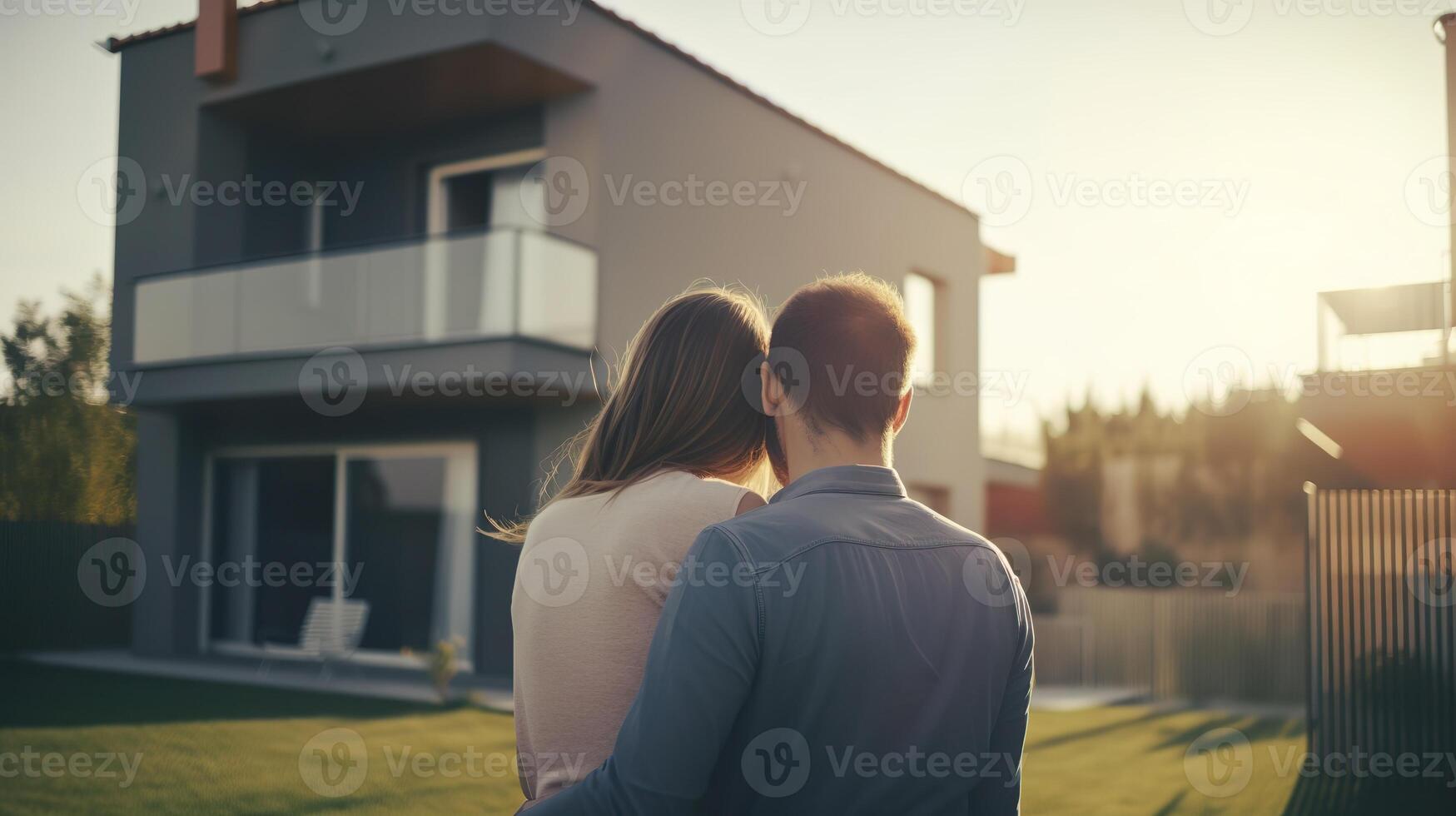 joven familia mirando a su nuevo hogar. generativo ai foto