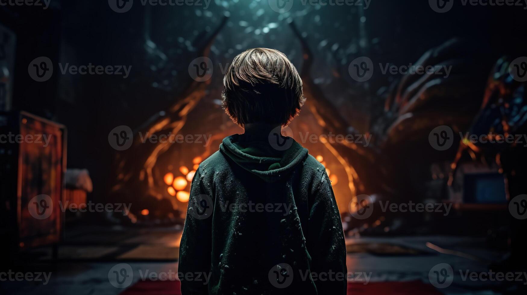 Facing Fears, Brave Kid Confronts Nightmares and Imaginary Monsters. photo