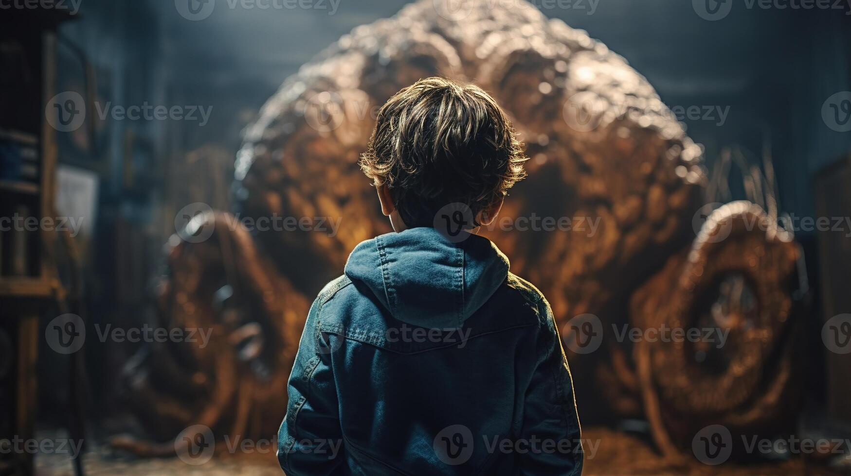 Facing Fears, Brave Kid Confronts Nightmares and Imaginary Monsters. photo