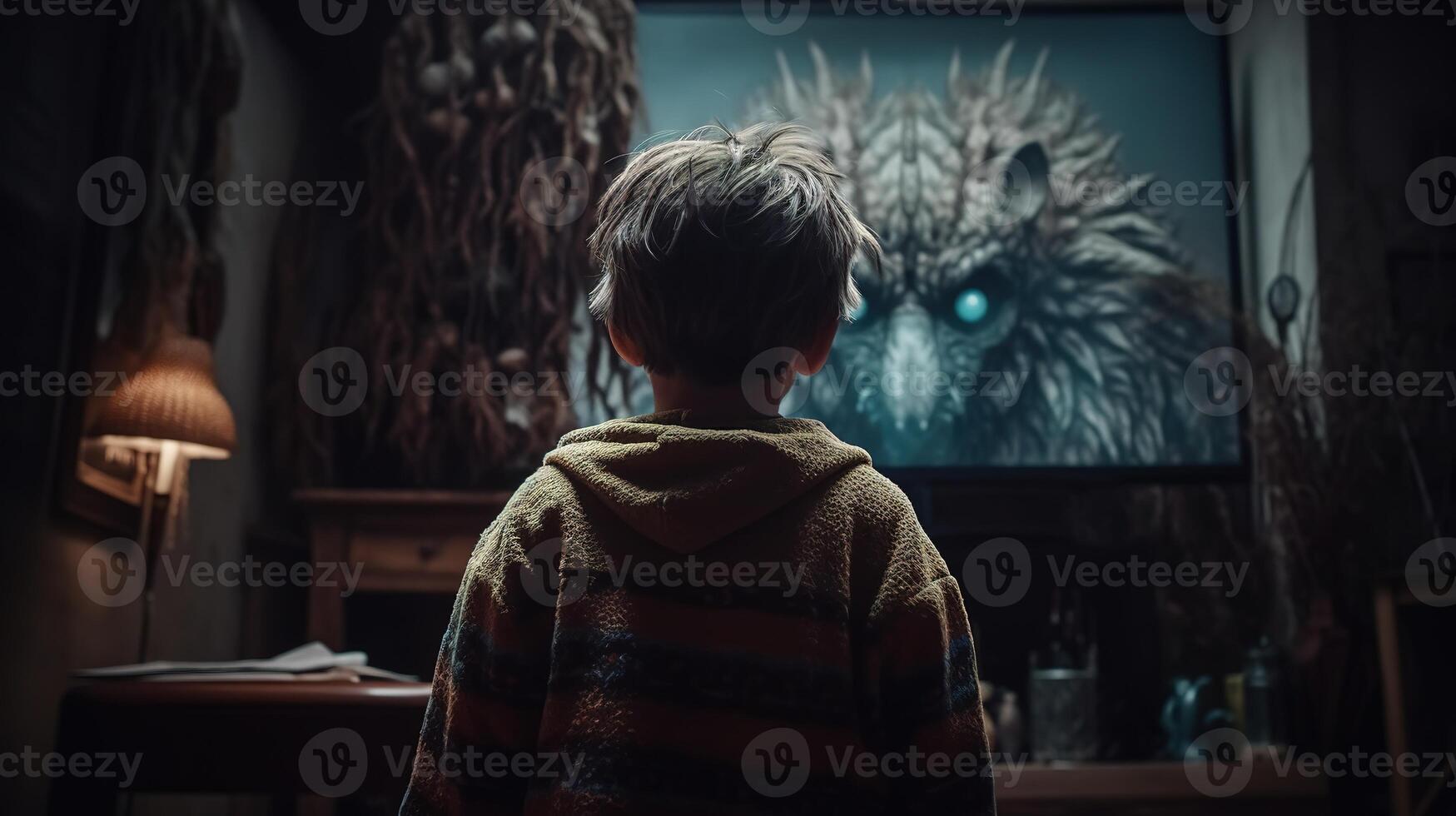 Facing Fears, Brave Kid Confronts Nightmares and Imaginary Monsters. photo