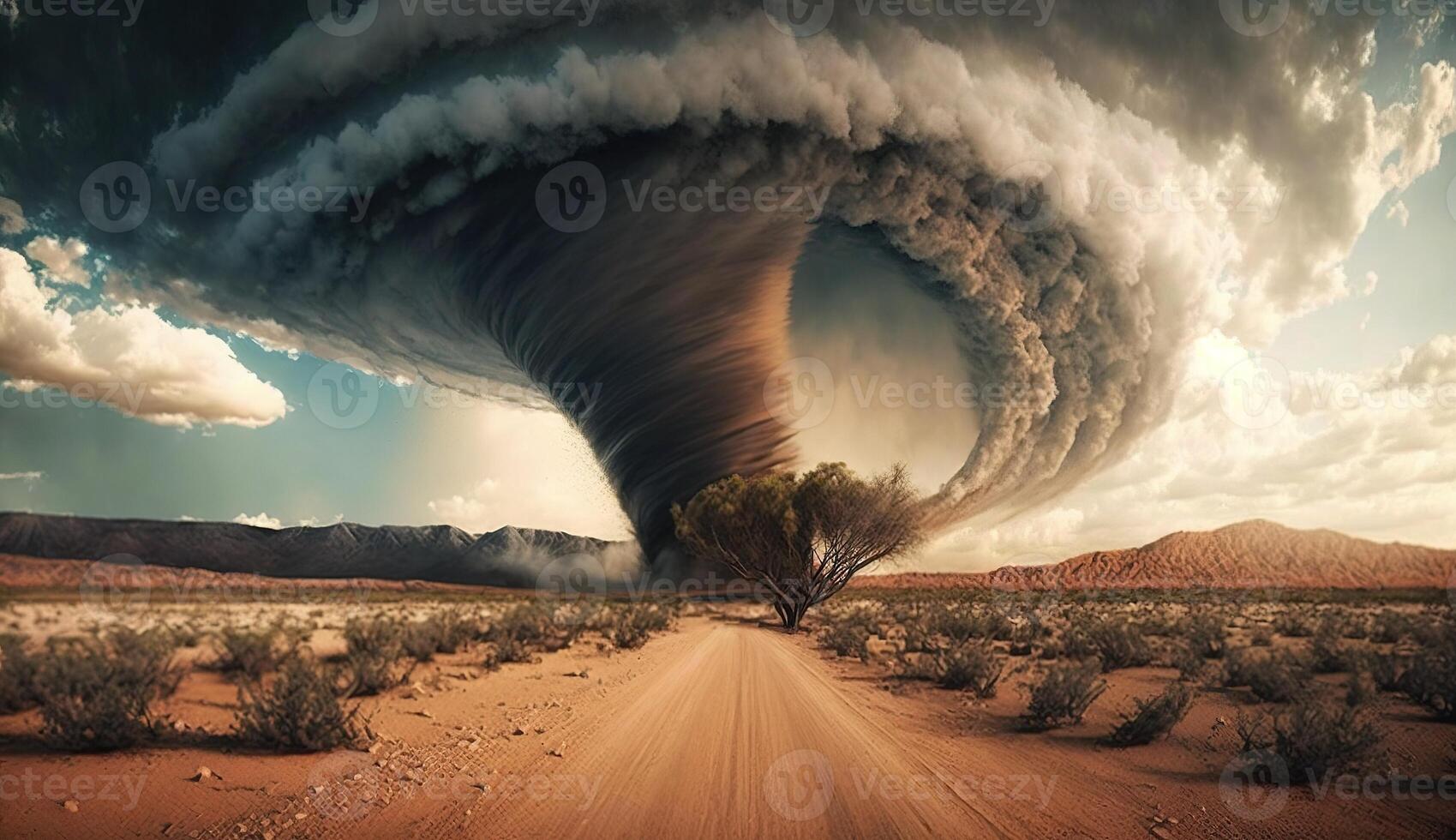 Massive Tornado Ravages Desert Landscape. photo