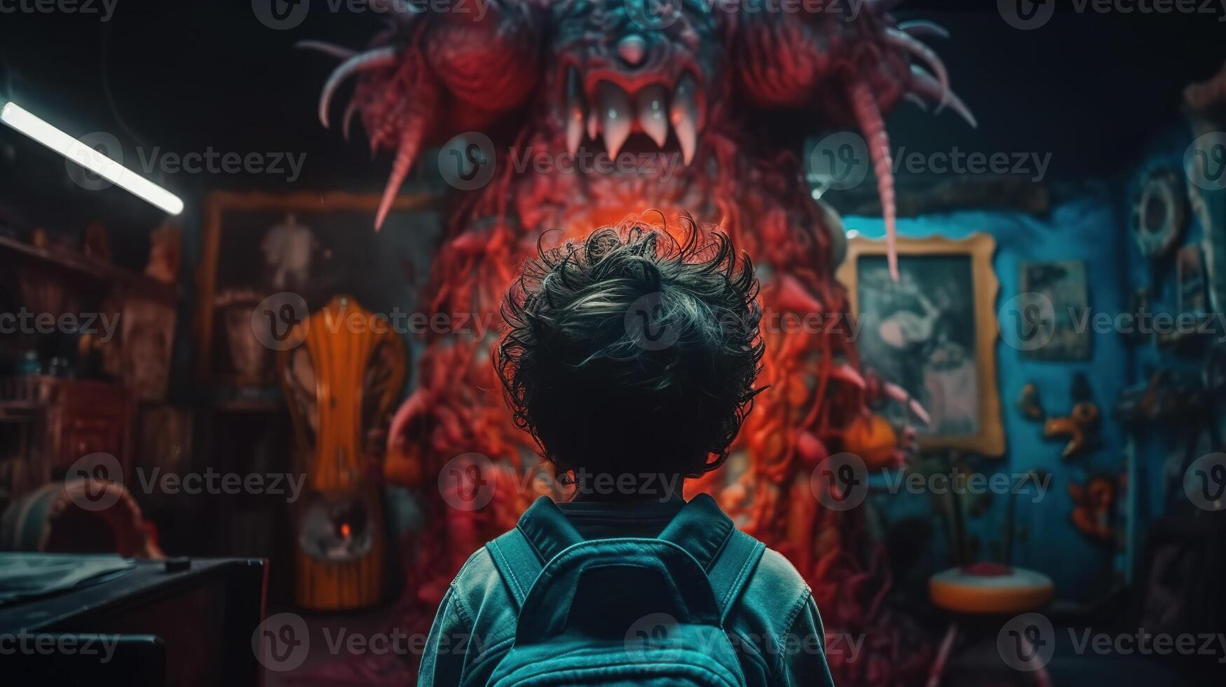 Facing Fears, Brave Kid Confronts Nightmares and Imaginary Monsters. photo