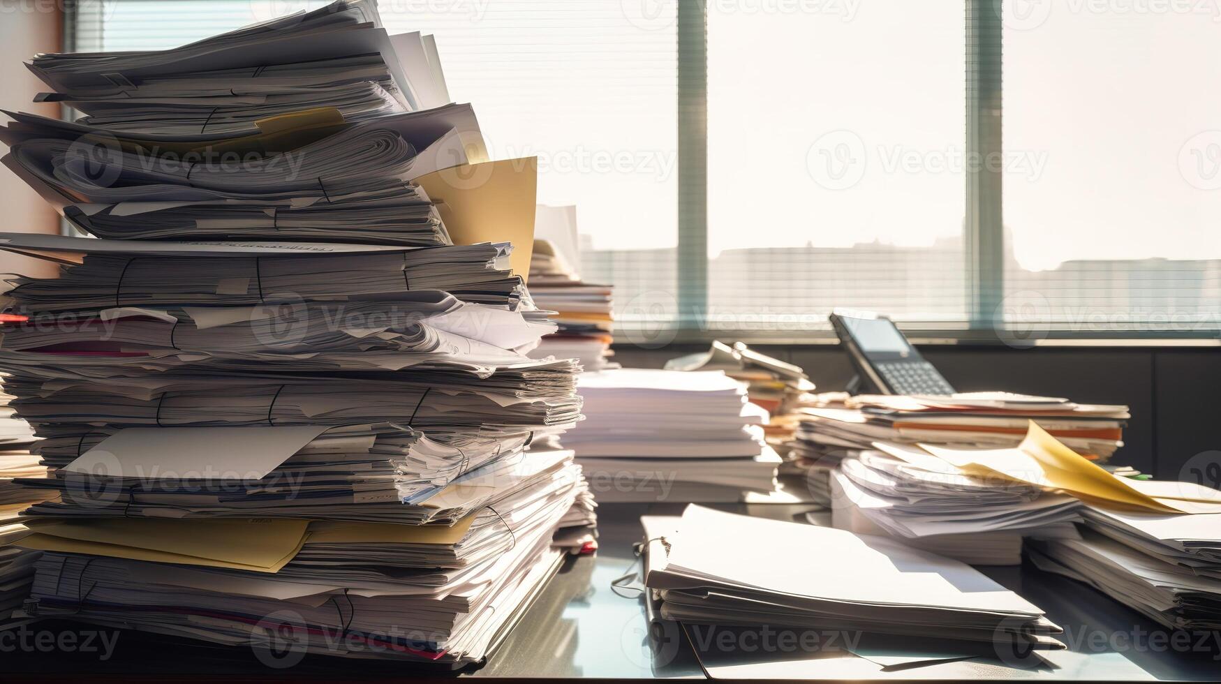 Overwhelmed with Paperwork, Managing a Heavy Workload at the Office. photo