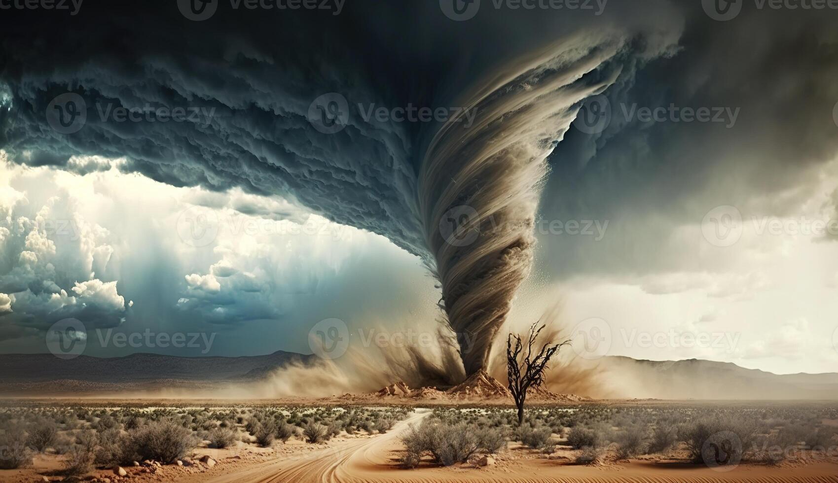 Massive Tornado Ravages Desert Landscape. photo