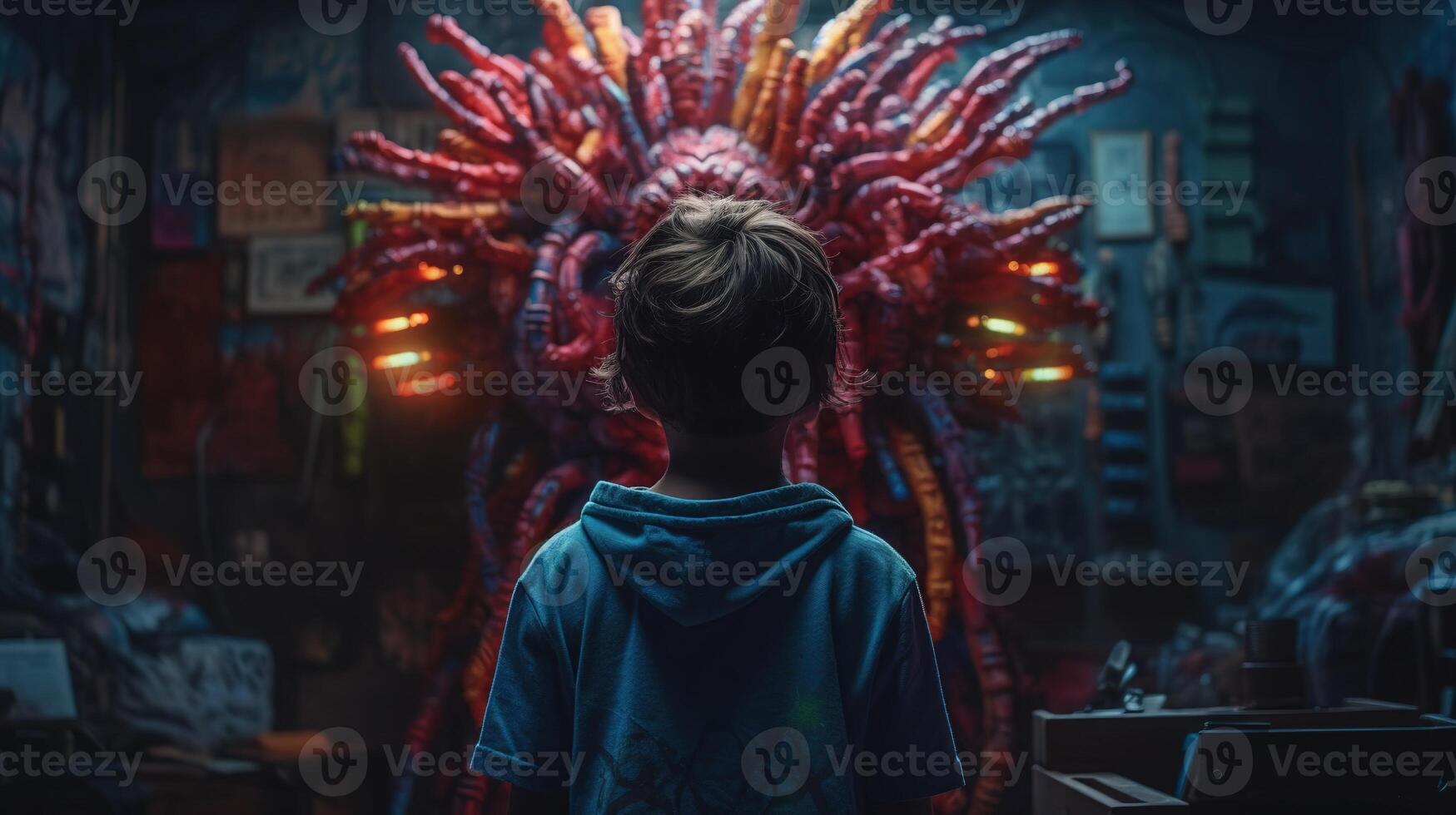Facing Fears, Brave Kid Confronts Nightmares and Imaginary Monsters. photo