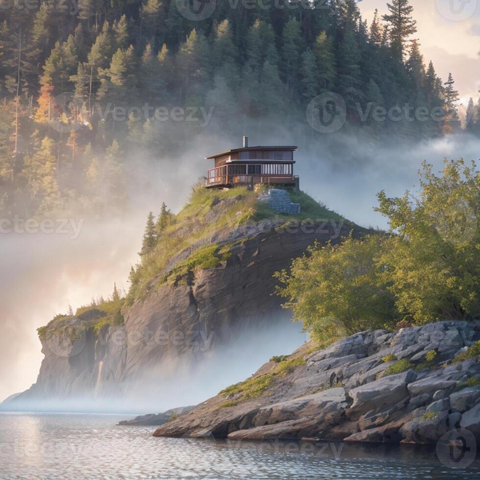 hut on top of a cliff in the middle of the forest photo