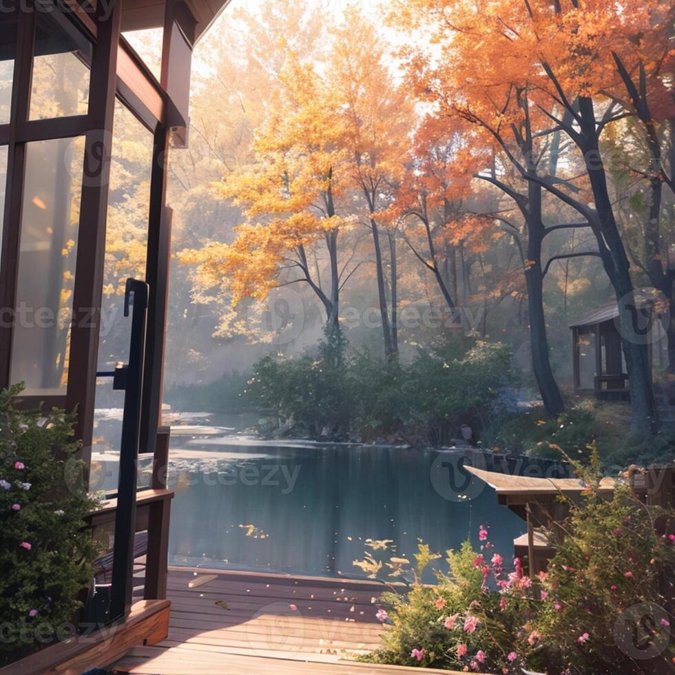 house in the middle of a forest of orange trees with a river on its side photo