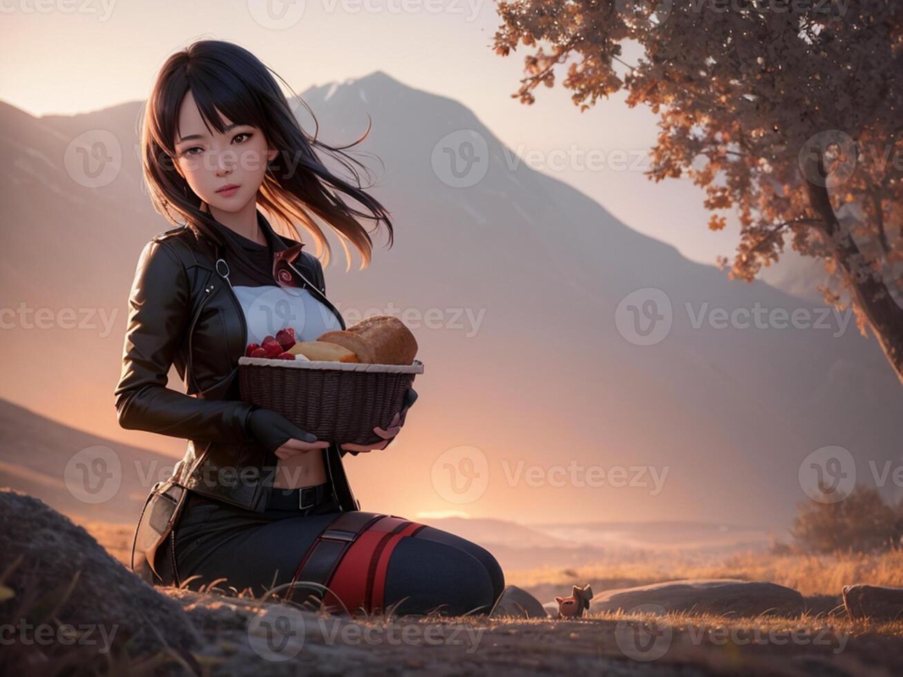 painting of a woman sitting in a field, holding a basket of food photo