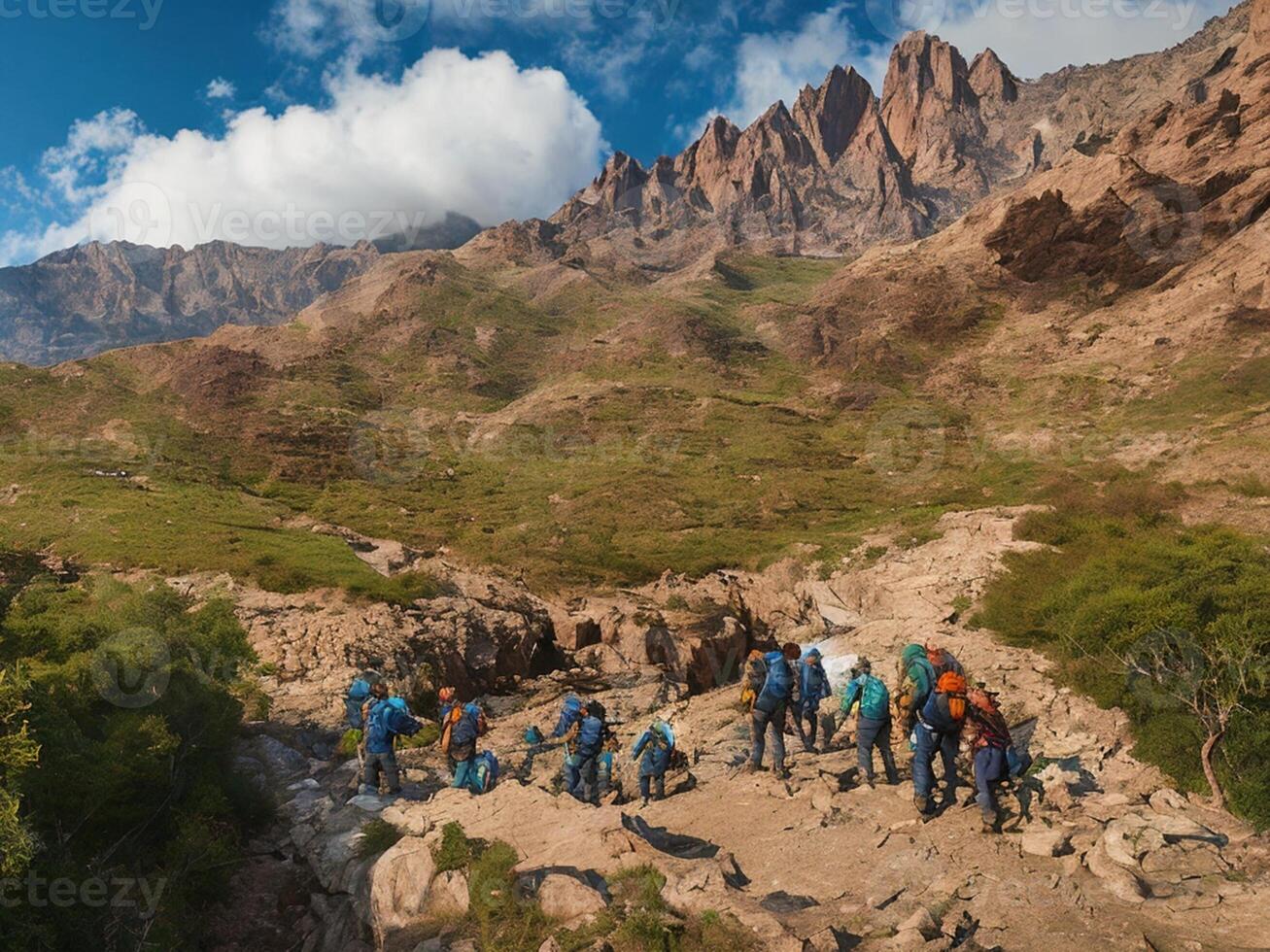 group of explorers heading towards the mountain photo
