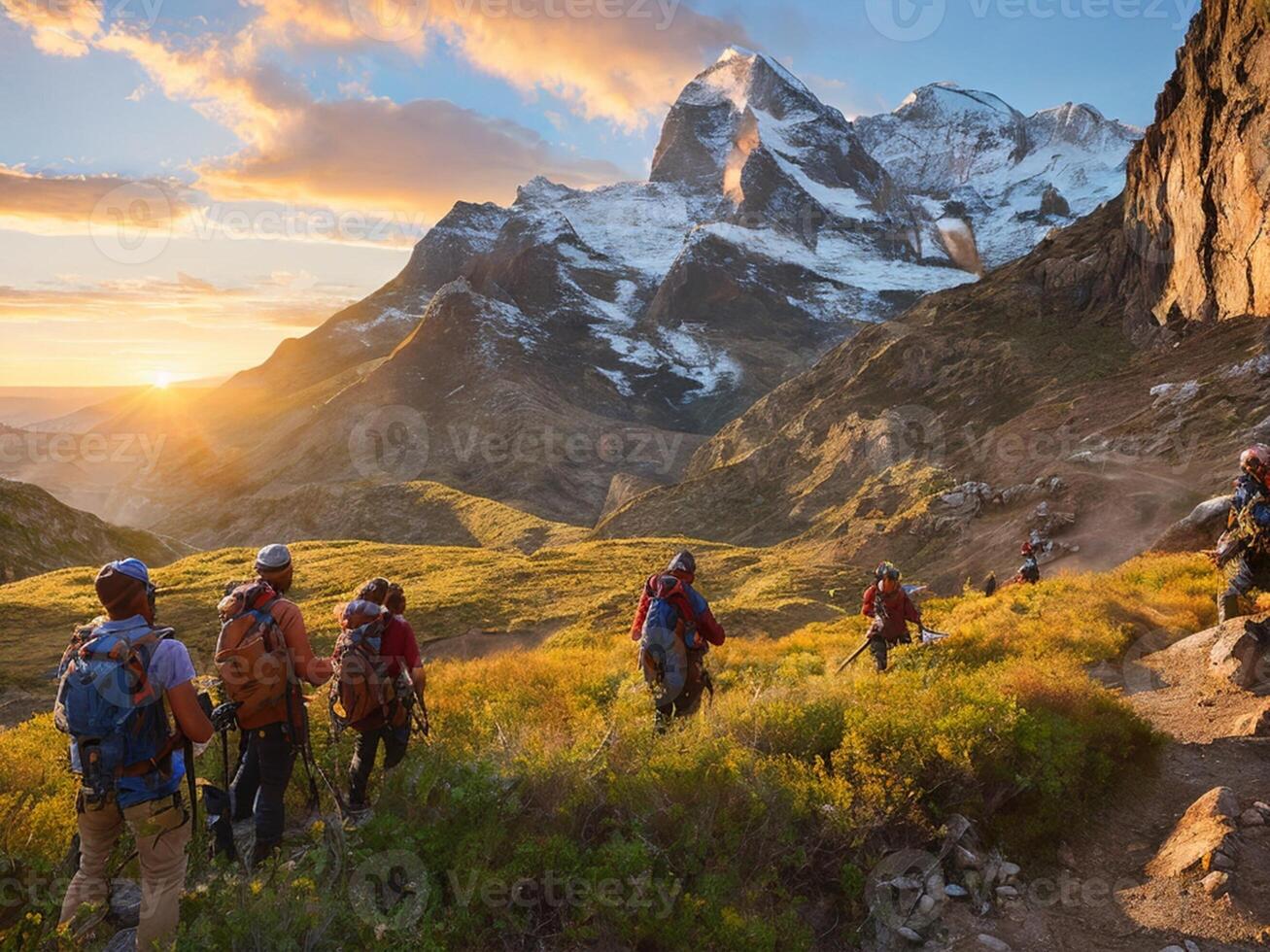 group of explorers heading towards the mountain photo