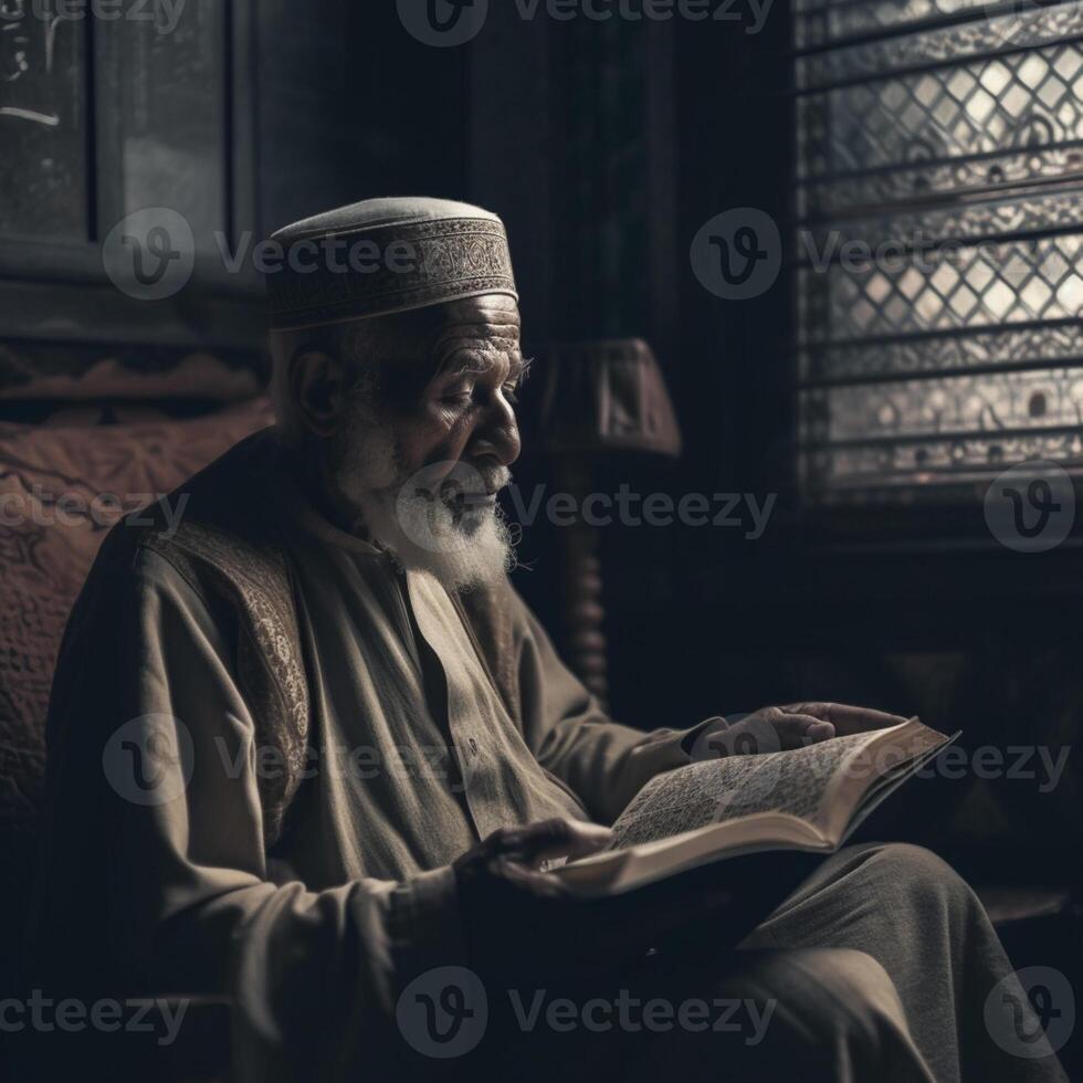 muslim old man praying on a mosque with starry and crescent moon moon night photo