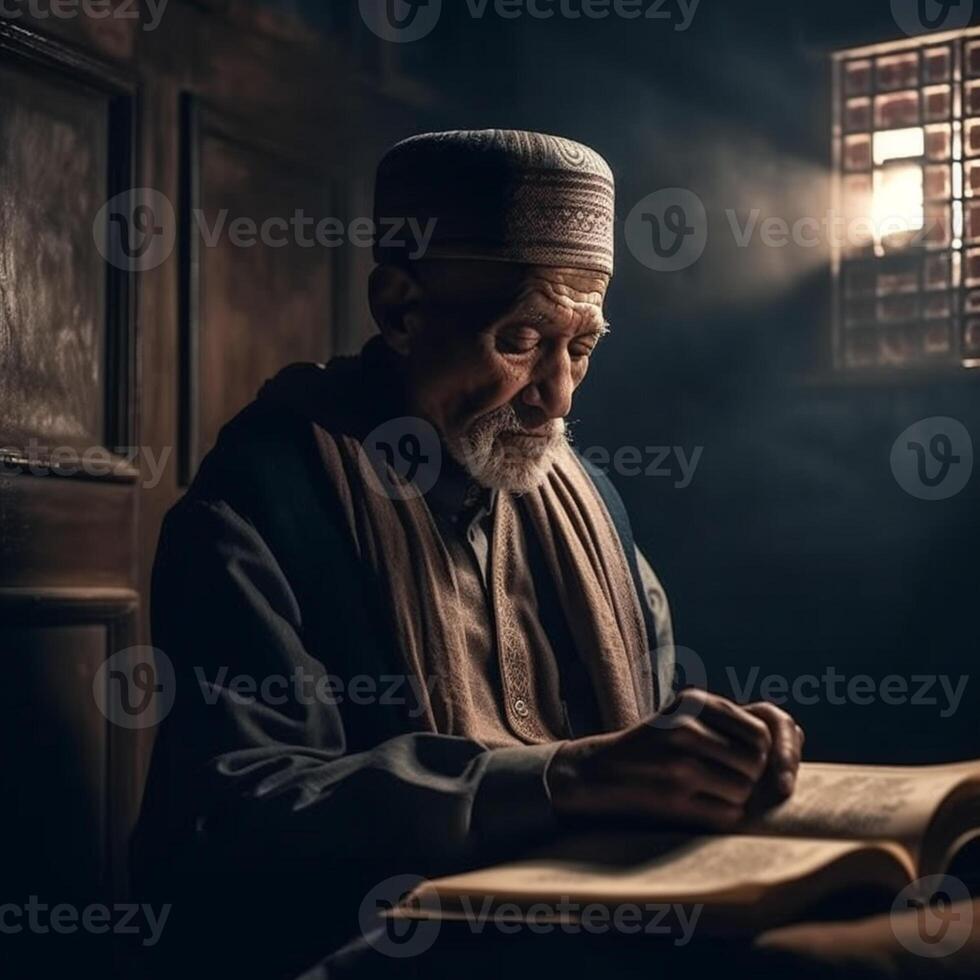 muslim old man praying on a mosque with starry and crescent moon moon night photo