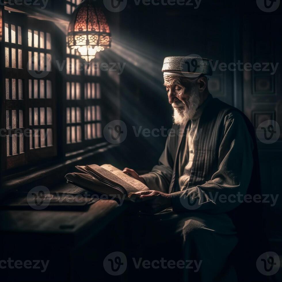 muslim old man praying on a mosque with starry and crescent moon moon night photo