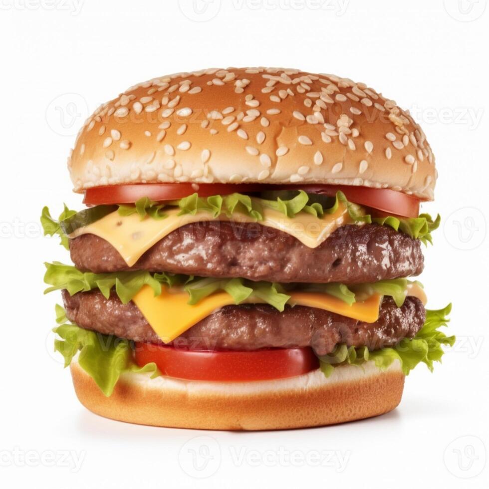 A hamburger with lettuce, tomato, and cheese on it photo