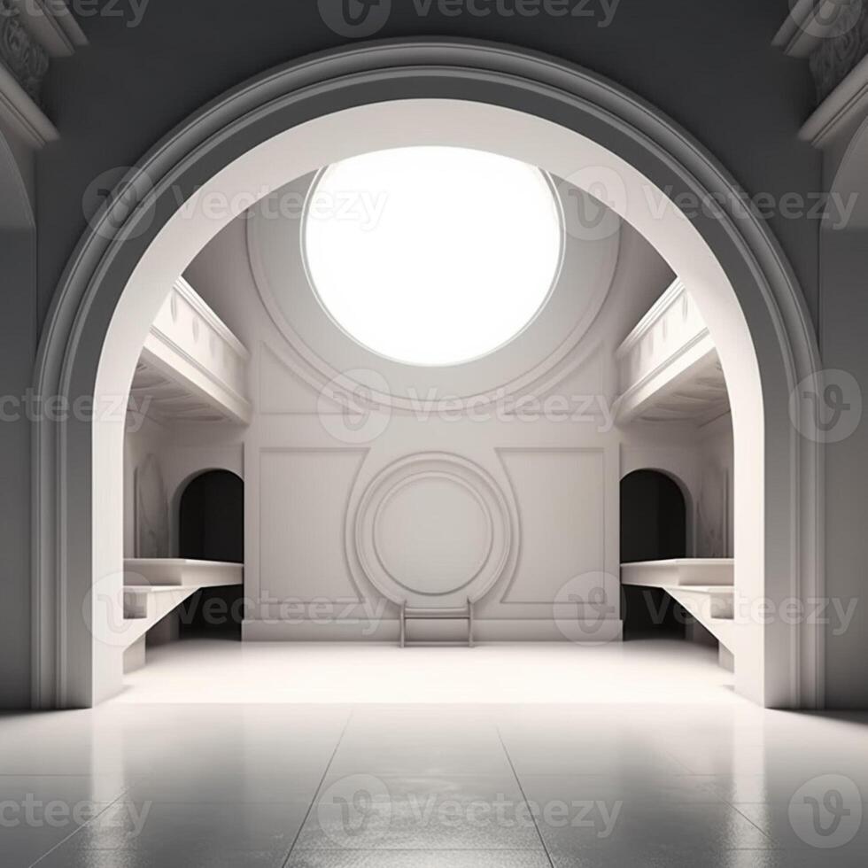 A 3d rendering of a room with a large circle in the middle photo