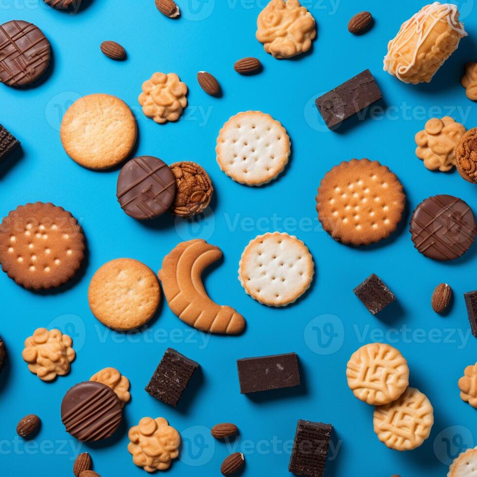 A blue and white cookie with the word cookies on it photo