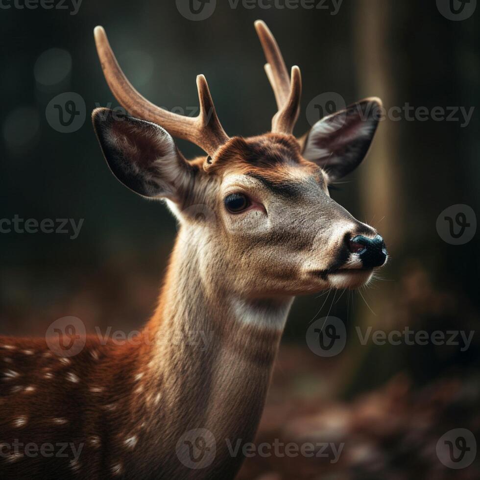 A deer with horns and a black nose is in the woods. photo