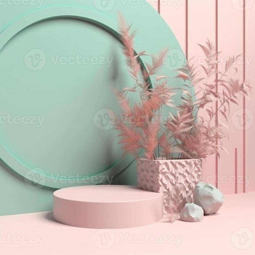 A round stand with a round plate and leaves on it photo