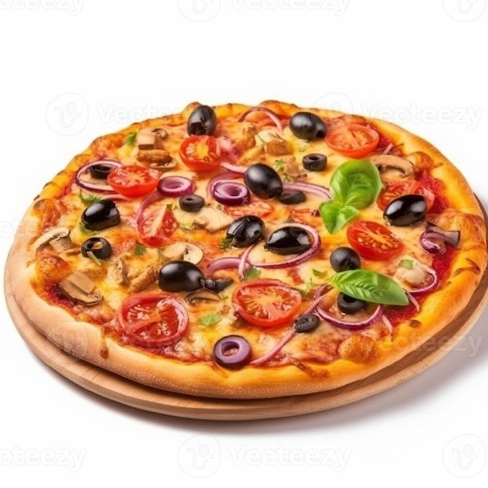 A pizza with mushrooms olives tomatoes and onions on a white background photo