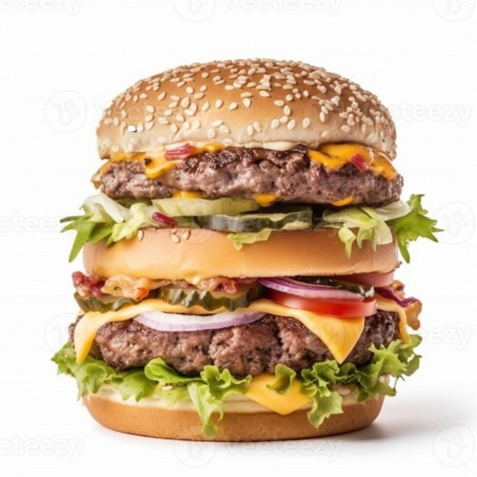 A hamburger with lettuce, tomato, and cheese on it photo