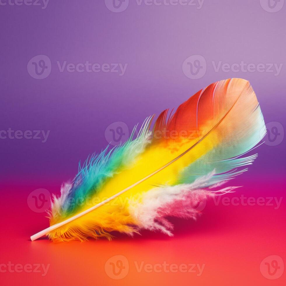 A feather with a rainbow background photo