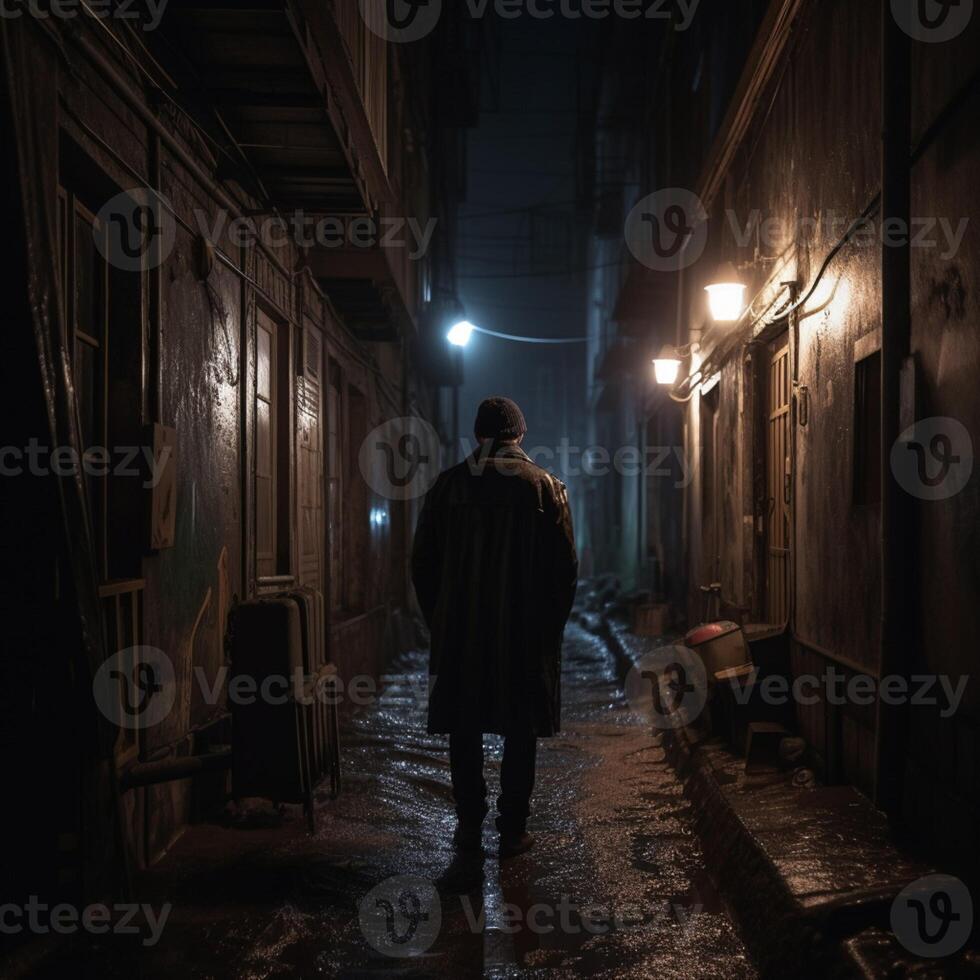 A man walking in streets in night photo