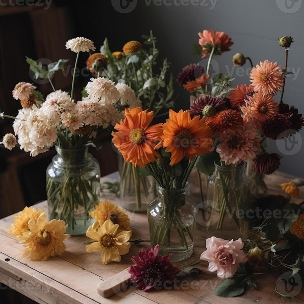 Flowers in background and in vase photo