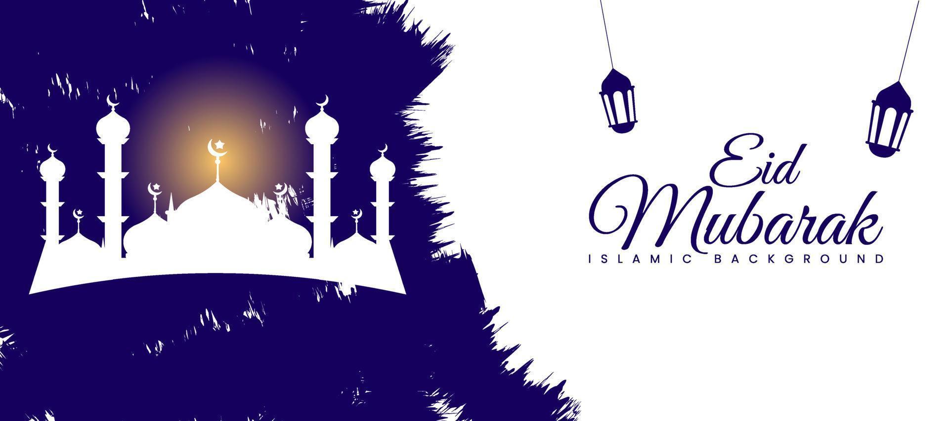 Eid Mubarak Ramadan Kareem landscape traditional Islamic banner template background with grunge mosque. Islamic Religion concept design. Vector illustration. Web poster, flyers, greeting cards.