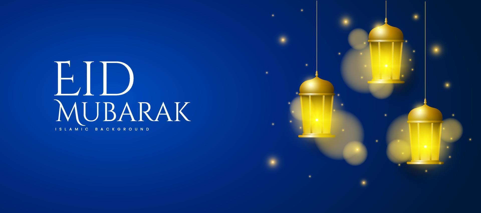 Eid Mubarak Ramadan Kareem landscape traditional Islamic banner template background. Realistic shining lantern. Islamic Religion concept design. Vector illustration.