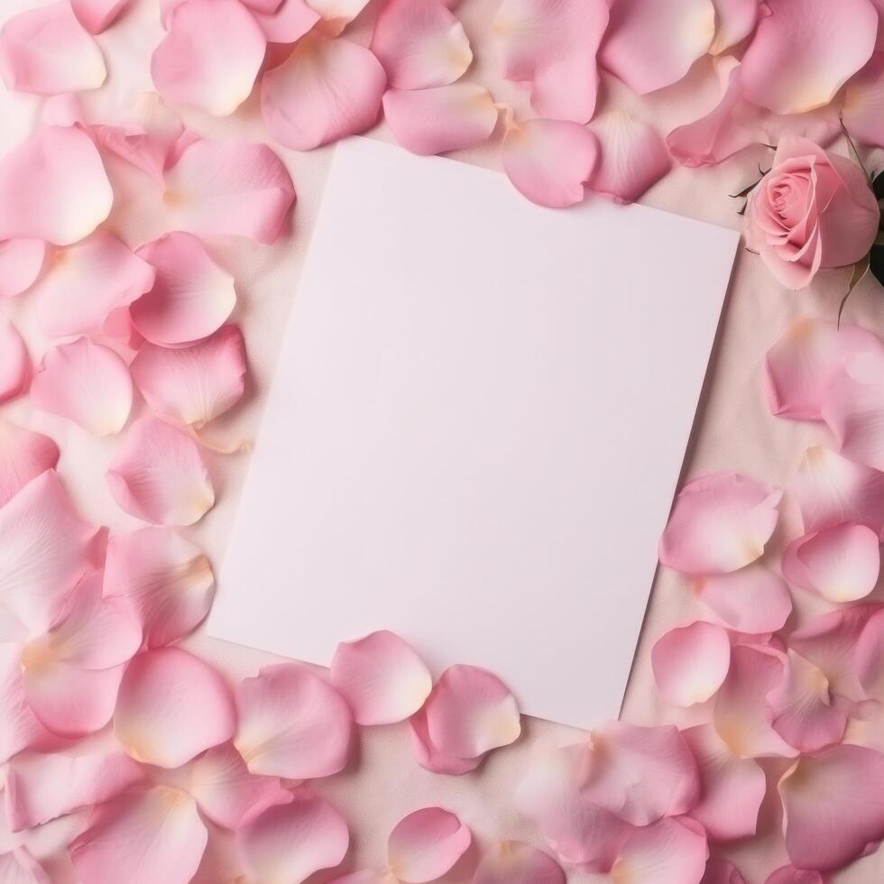 Empty white card mockup on rose petals background. Illustration photo