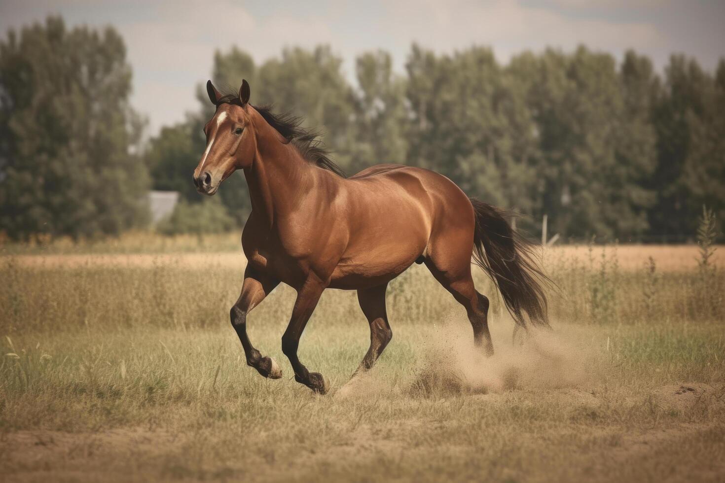 Brown horse galloping in the field. Illustration photo