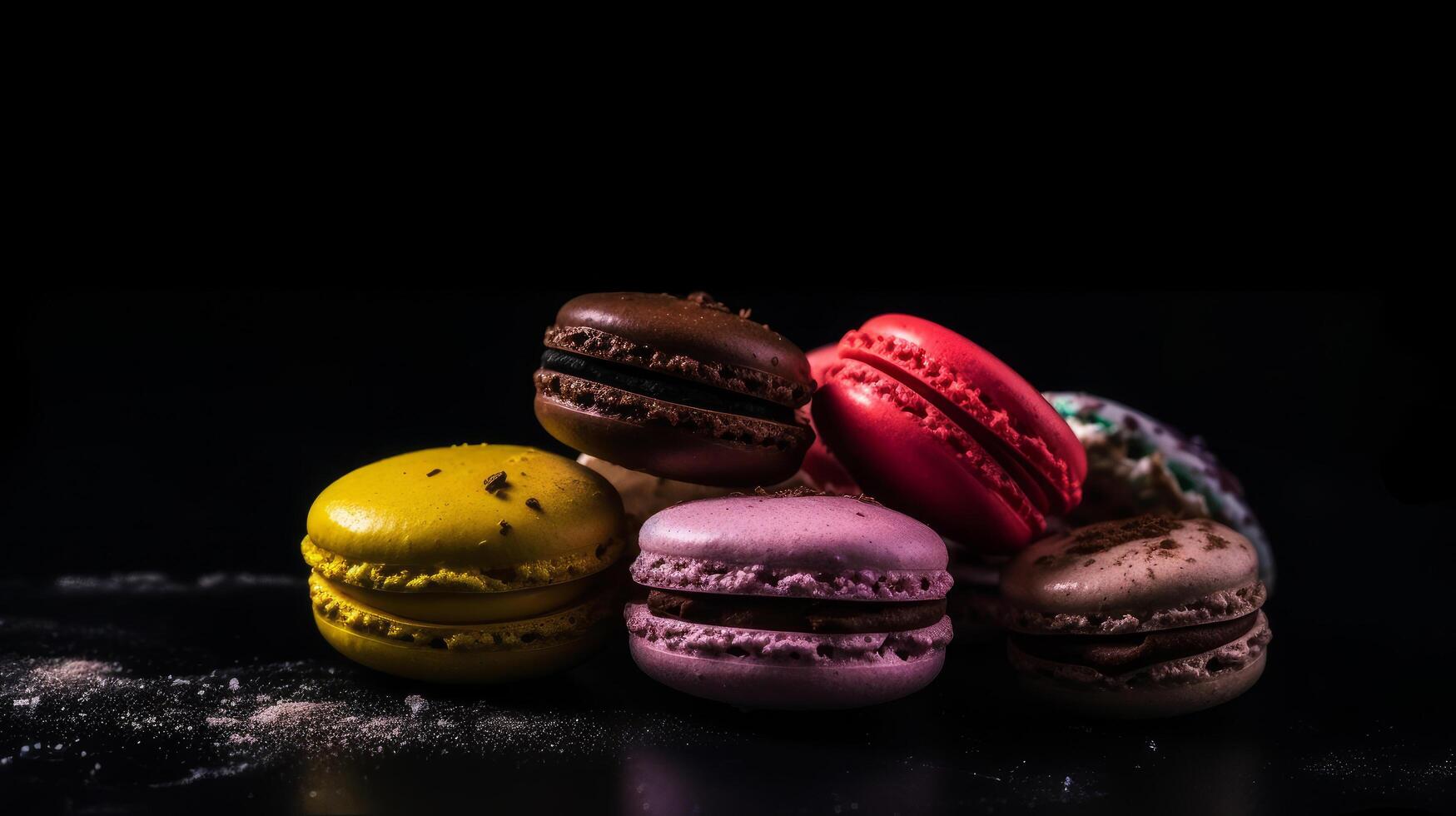 Multi flavored macaroons against dark background. Illustration photo