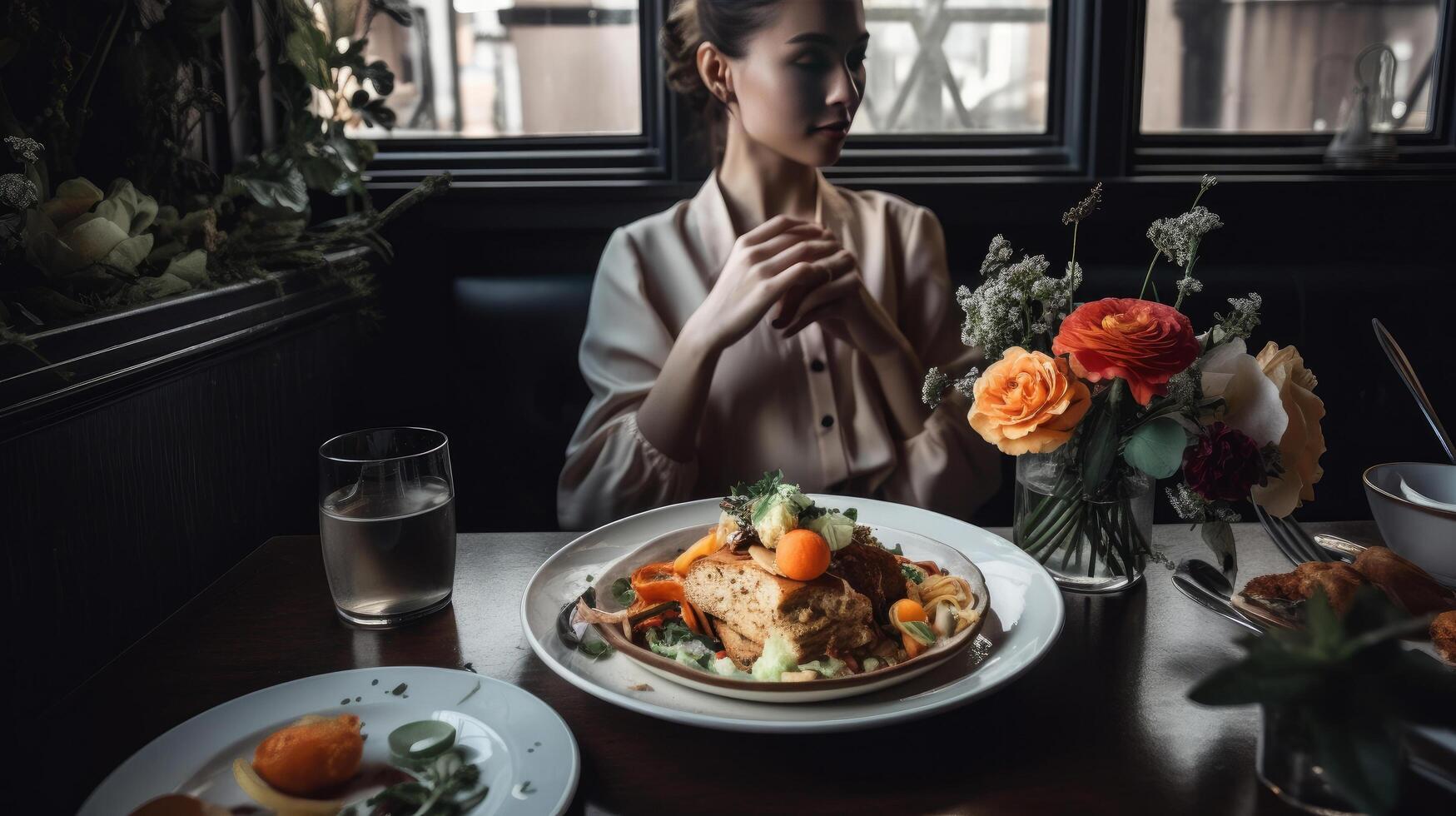 Woman sitting with flower bouquet by food on dining table Illustration photo