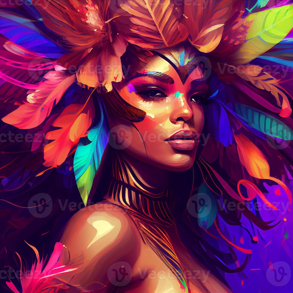 rio Delaware janeiro carnaval fiesta ilustración generativo ai, de cerca mujer en tropical exótico festival traje. estilizado Arte de un brasileño samba bailarín foto