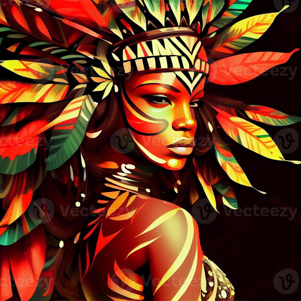 Rio de Janeiro Carnival Party Illustration , close-up woman in Tropical Exotic Festival Costume. Stylized art of a brazilian samba dancer photo