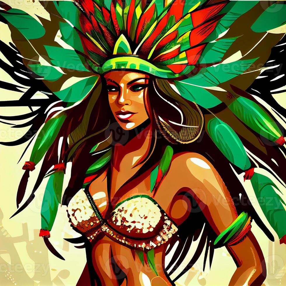 Rio de Janeiro Carnival Party Illustration , close-up woman in Tropical Exotic Festival Costume. Stylized art of a brazilian samba dancer photo