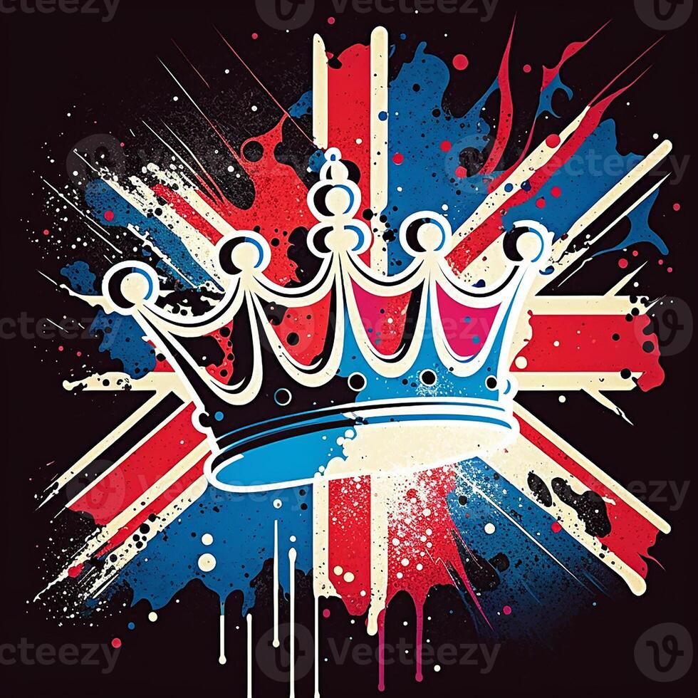 UK Royal Crown on Great Britain flag background, poster in retro style of the 70s. photo