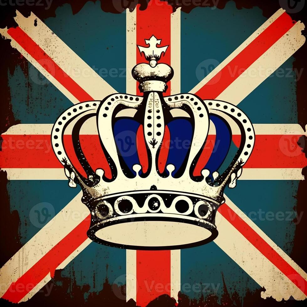 UK Royal Crown on Great Britain flag background, poster in retro style of the 70s. photo