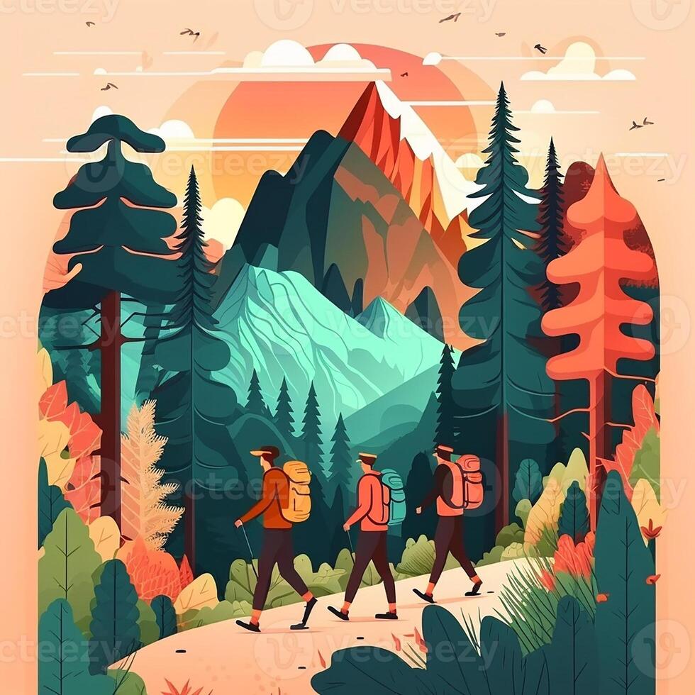 Tourists people group hiking in mountains and forest. People with backpacks hold trekking pole. The concept of discovery, exploration, hiking, adventure tourism and travel. Illustration . photo