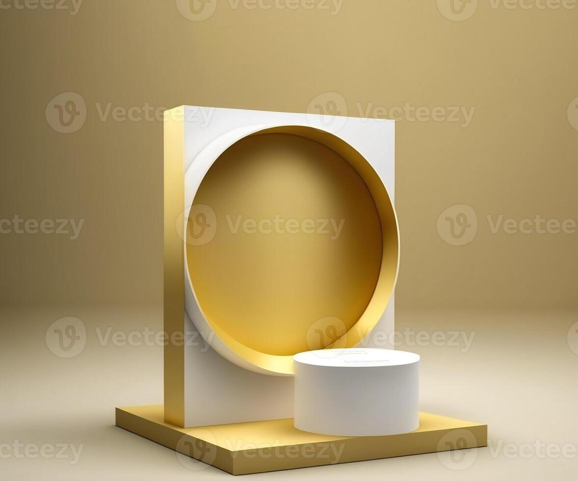 Illustrations. Yellow golden stage podium mock up product display showcase, promo template for business and technology premium brand display platform. photo