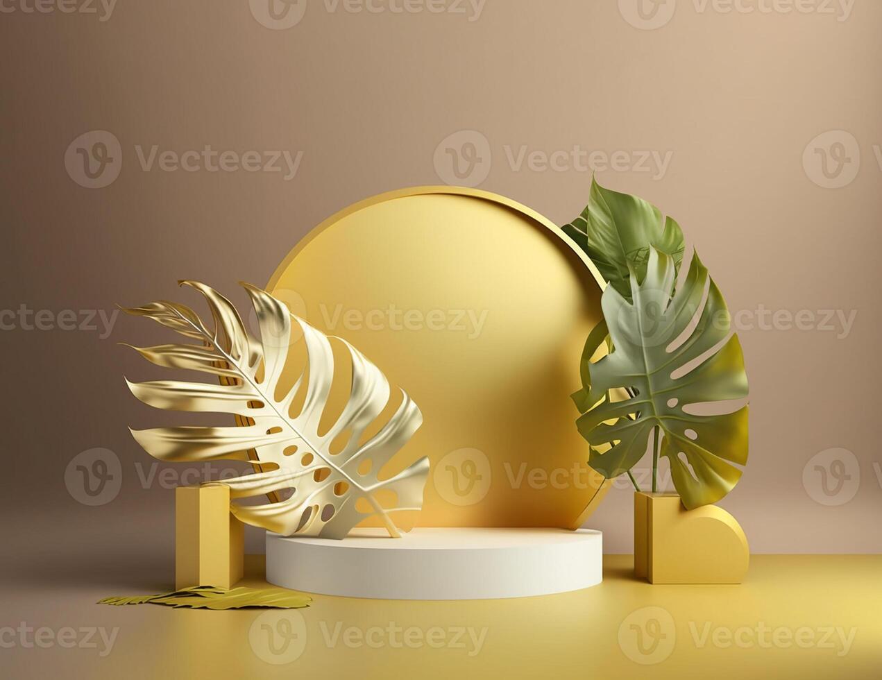 Illustrations. Yellow golden stage podium with monstera leaves mock up product display showcase, promo template for business and technology premium brand display platform. photo